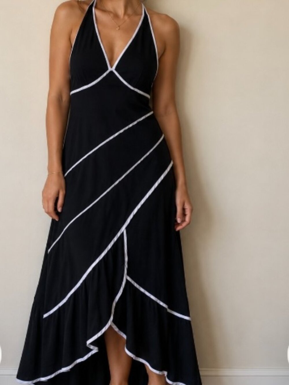 VINTAGE Nikki Mae‎ Black Halter Asymmetrical Dress with White Piping